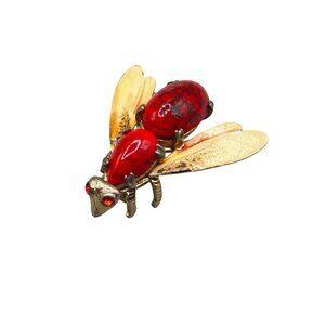 Vintage Bug Pin Brooch Signed WARNER Red And Gold Insect Fly Figural Jewelry